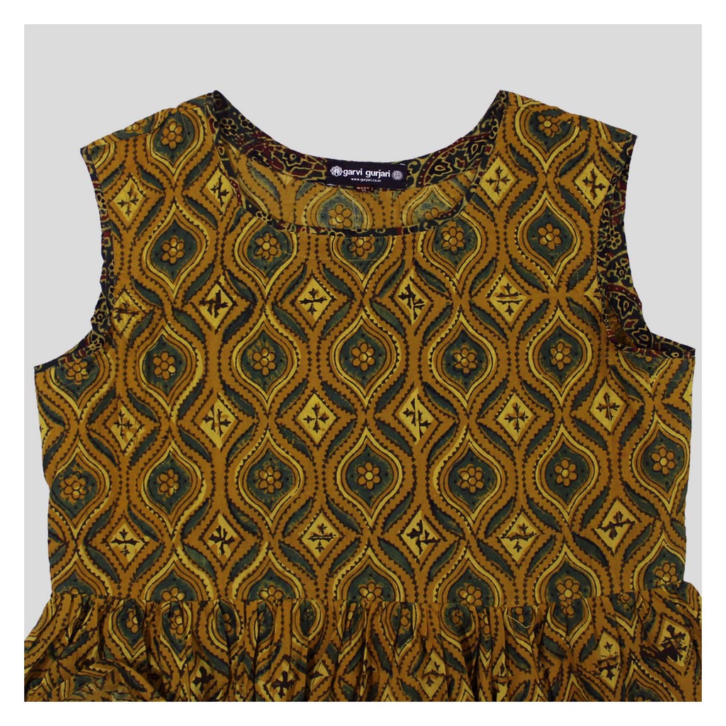 Mustard Ajrakh Hand Block Printed Cotton Short Kurti