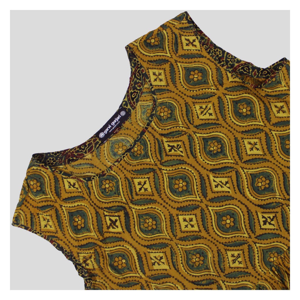 Mustard Ajrakh Hand Block Printed Cotton Short Kurti