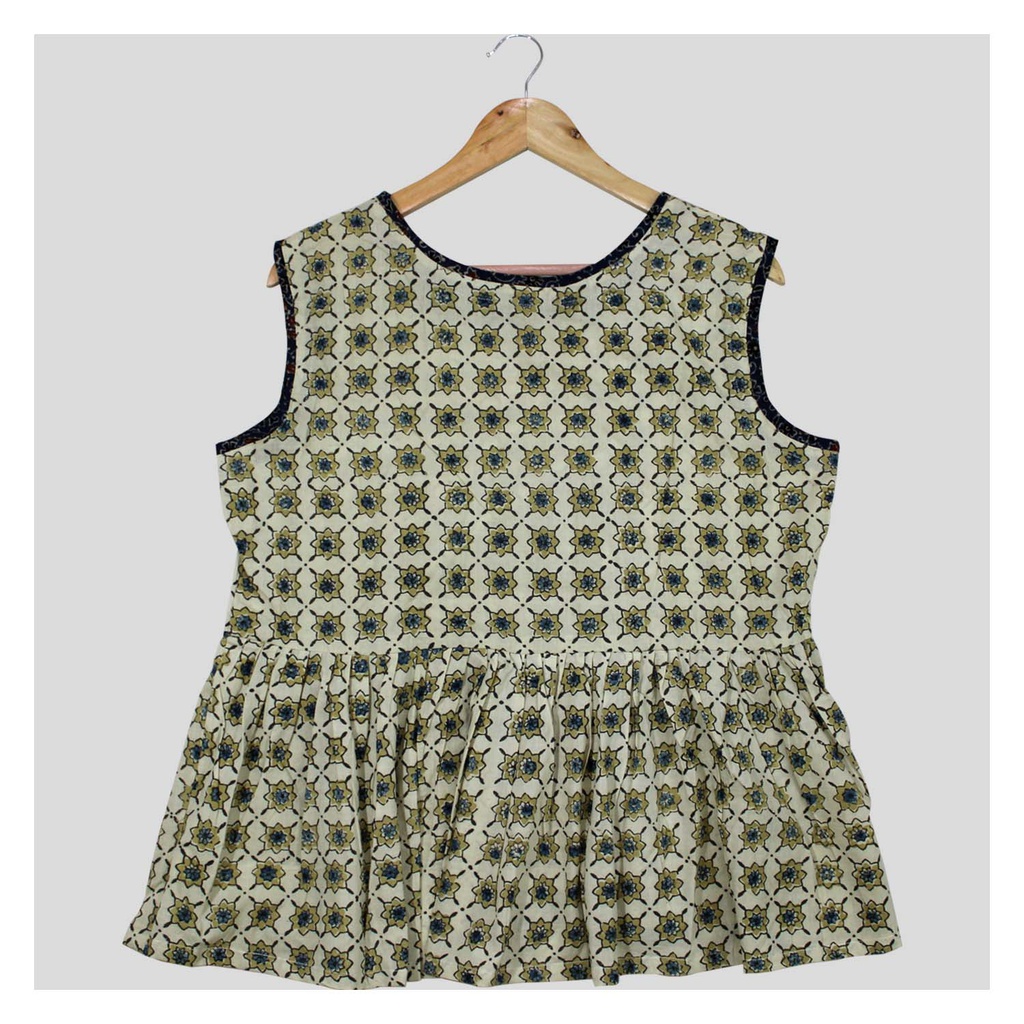 Cream  Ajrakh Hand Block Printed Cotton Short Kurti