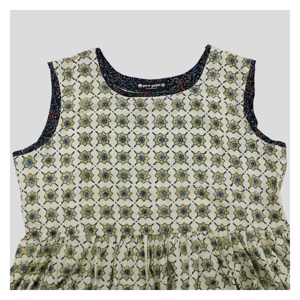 Cream Ajrakh Hand Block Printed Cotton Short Kurti