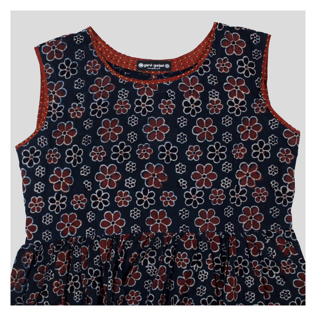 Blue Ajrakh Hand Block Printed Cotton Short Kurti