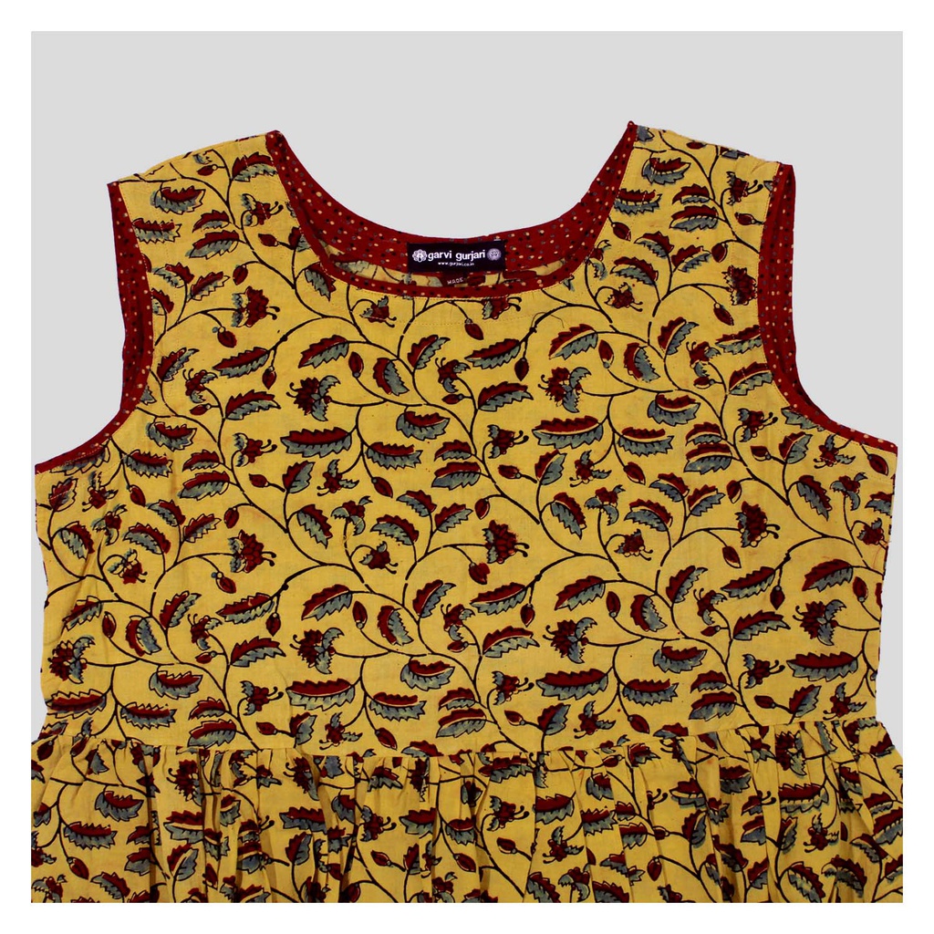 Yellow Ajrakh Hand Block Printed Cotton Short Kurti