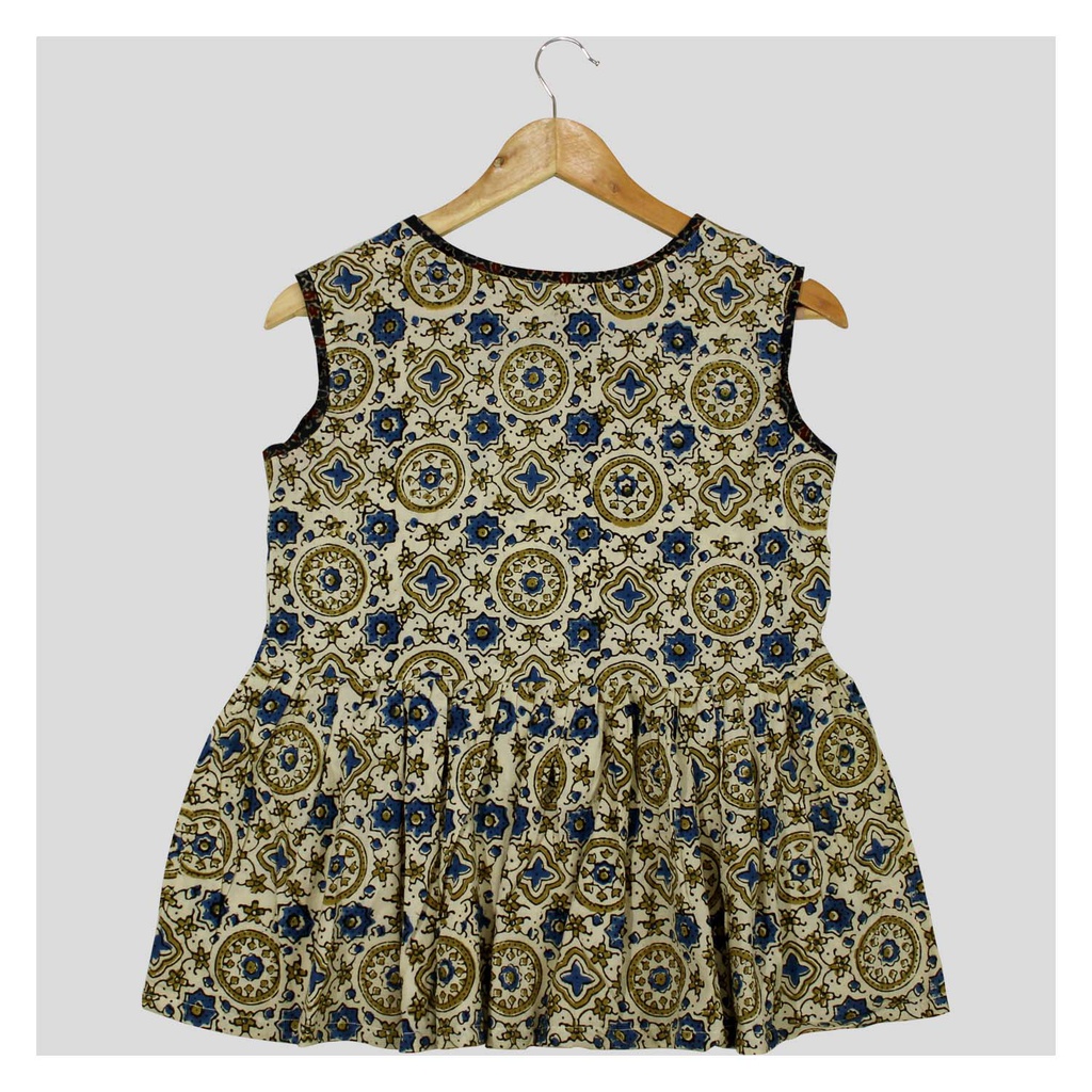 Cream Ajrakh Hand Block Printed Cotton Short Kurti