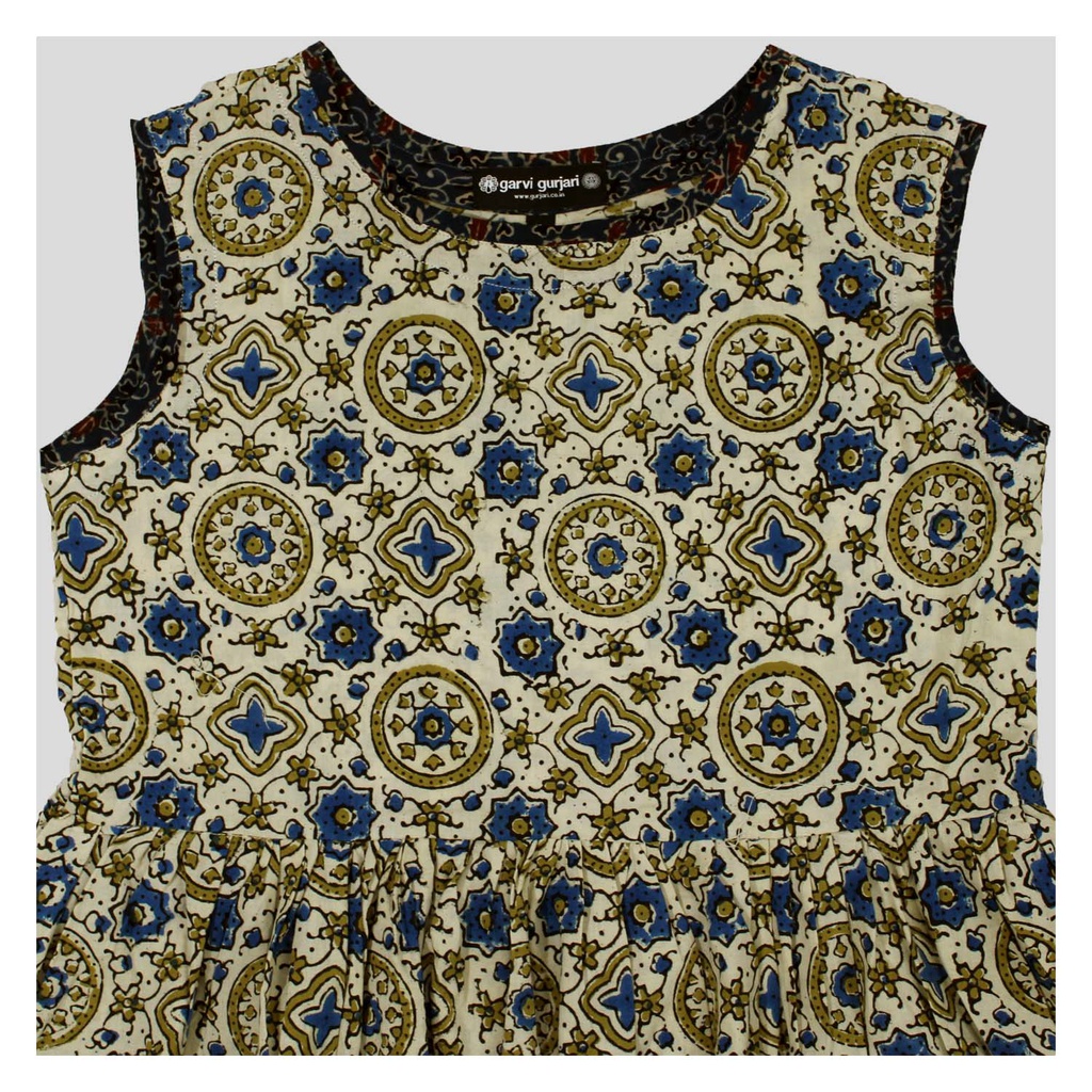 Cream Ajrakh Hand Block Printed Cotton Short Kurti