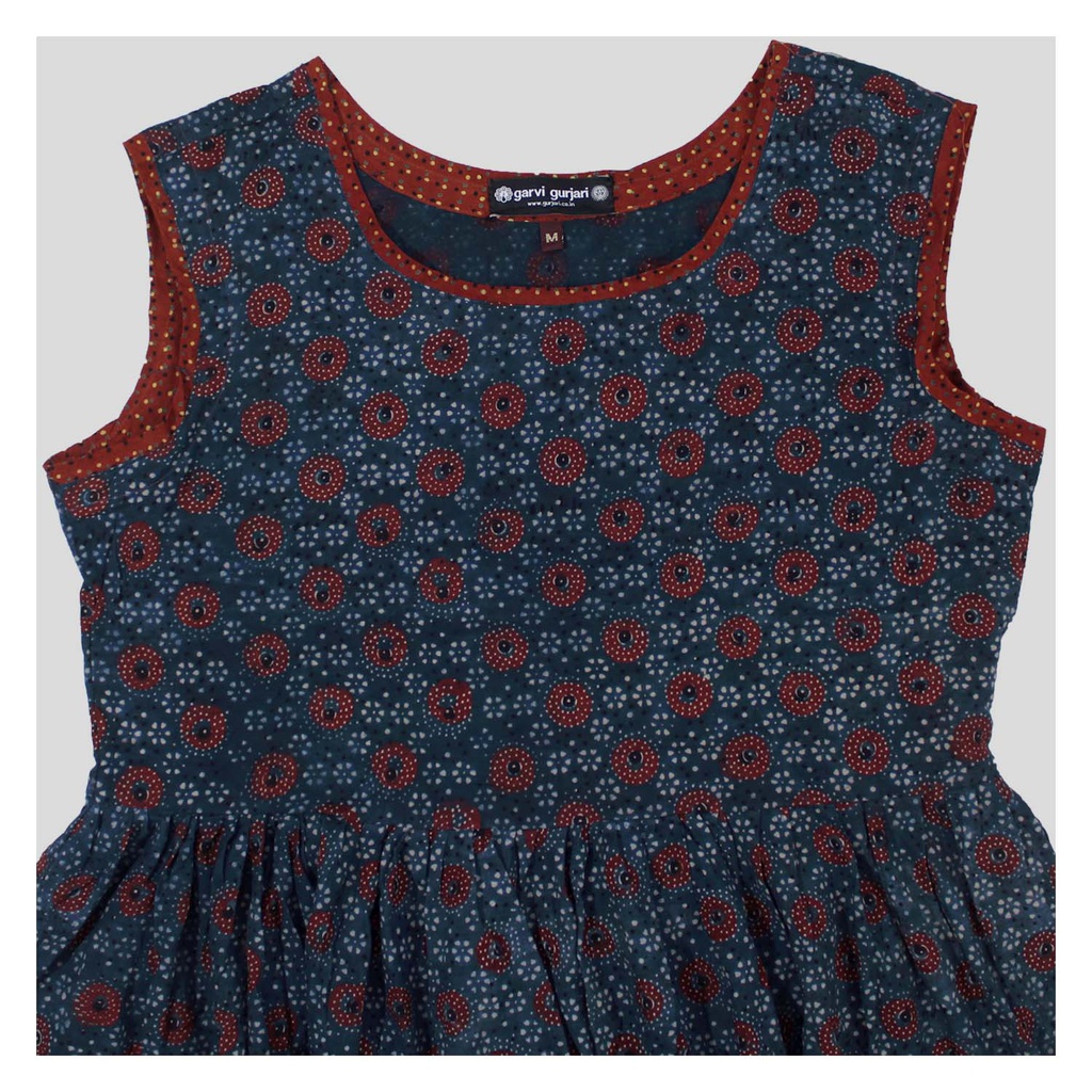 Blue Ajrakh Hand Block Printed Cotton Short Kurti