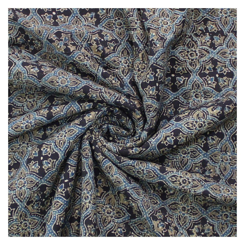 Dark Grey and Beige Cotton Hand Block Print Cloth Material/Fabric
