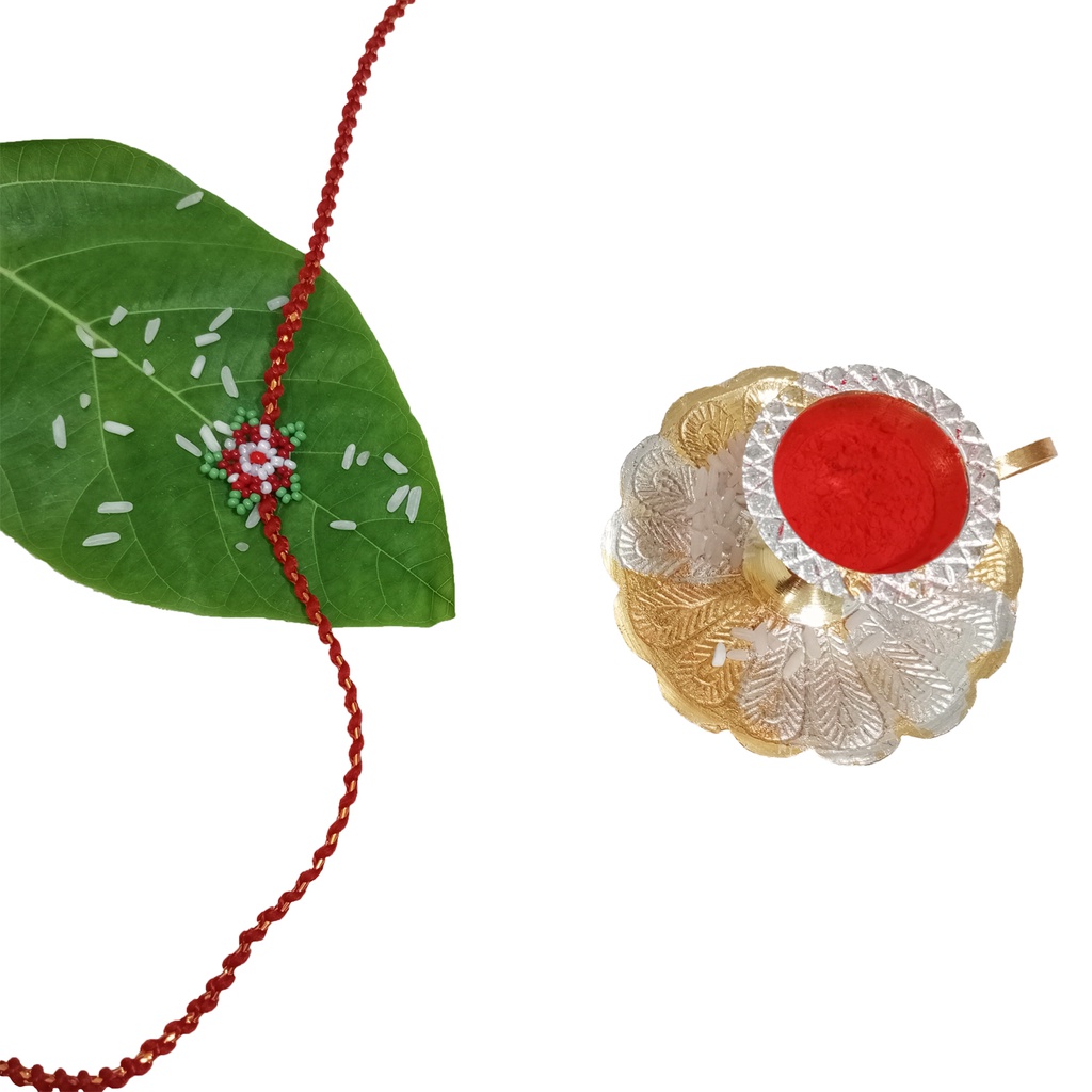 Hand Beaded Flower Design Rakhi - Red and Green