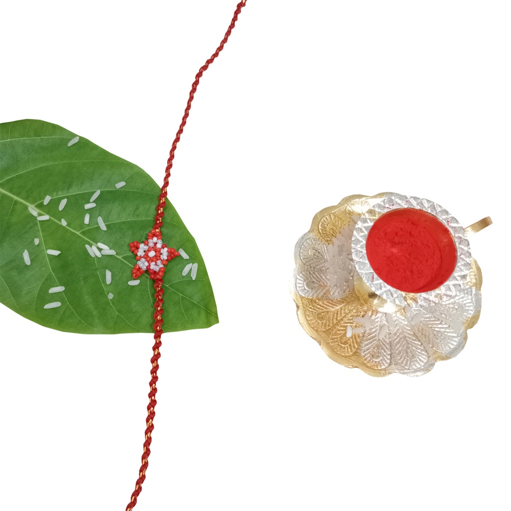 Hand Beaded Flower Design Rakhi - Maroon and Orange