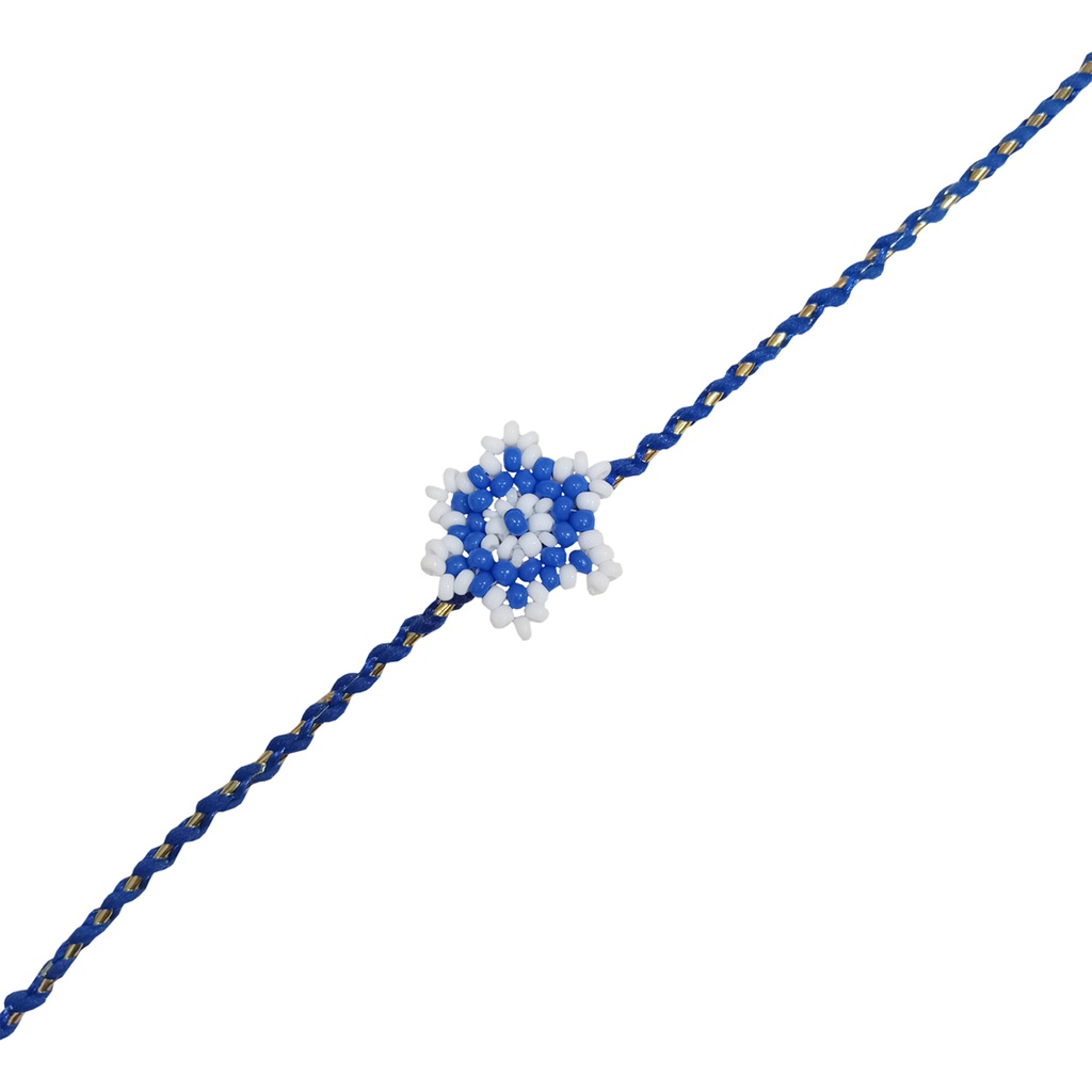 Hand Beaded Flower Design Rakhi - White and Blue
