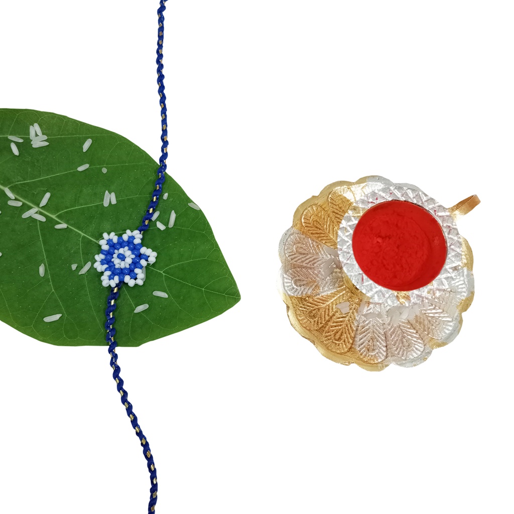 Hand Beaded Flower Design Rakhi - White and Blue