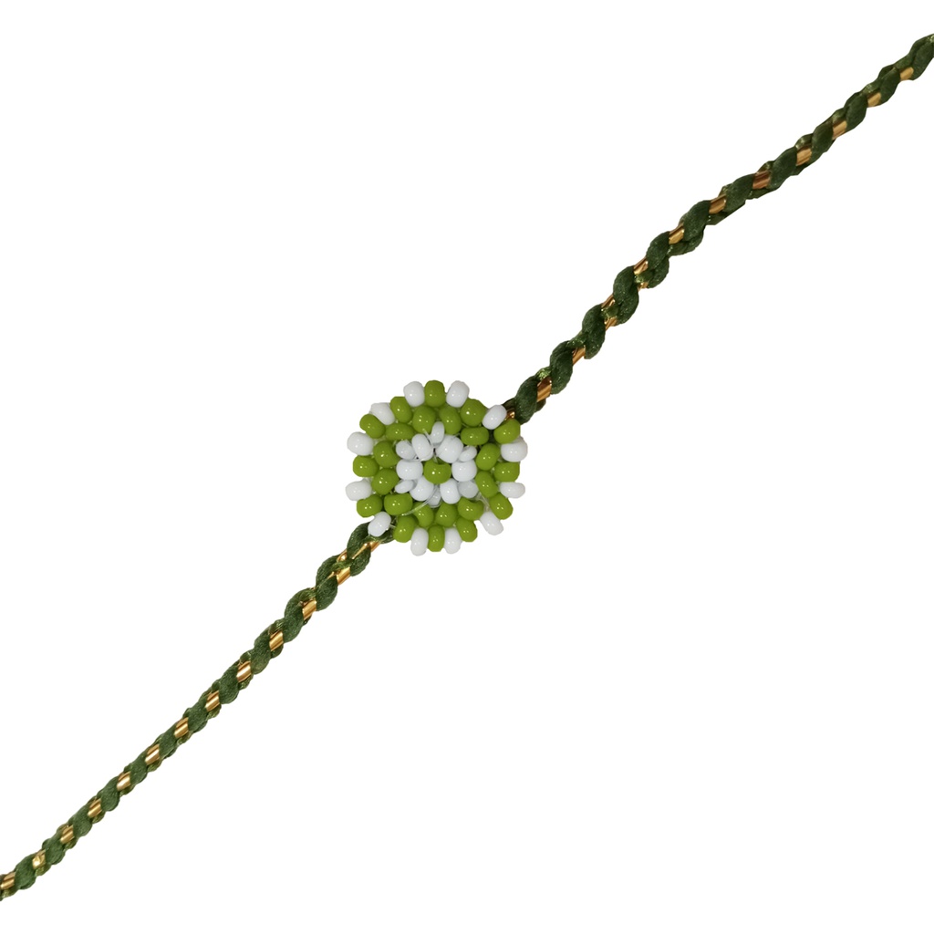 Hand Beaded Round Design Rakhi - White and Light Green