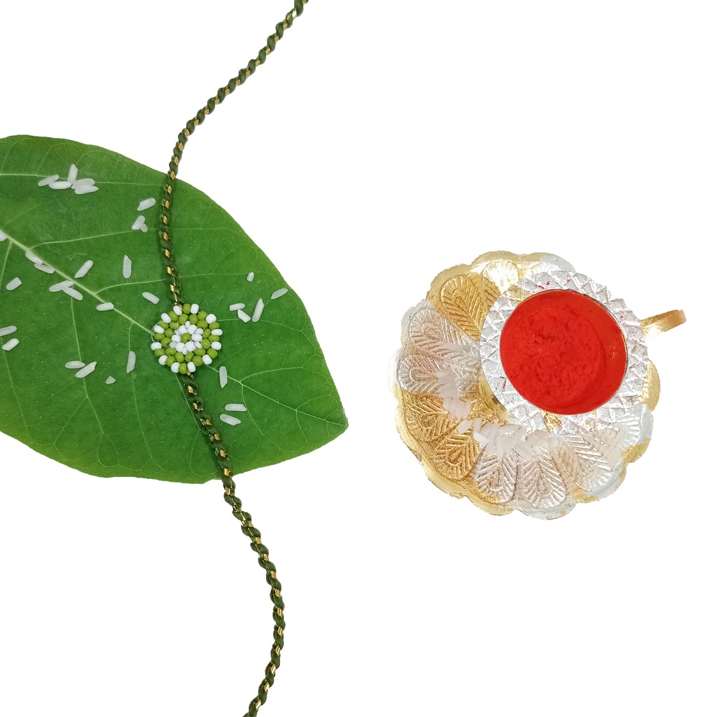 Hand Beaded Flower Design Rakhi - Light Green and White