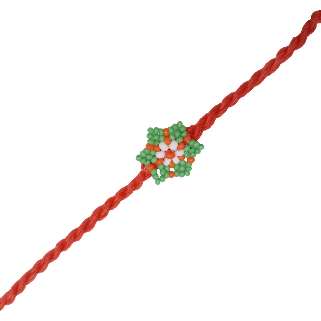 Hand Beaded Flower Design Rakhi - Light Green and Orange