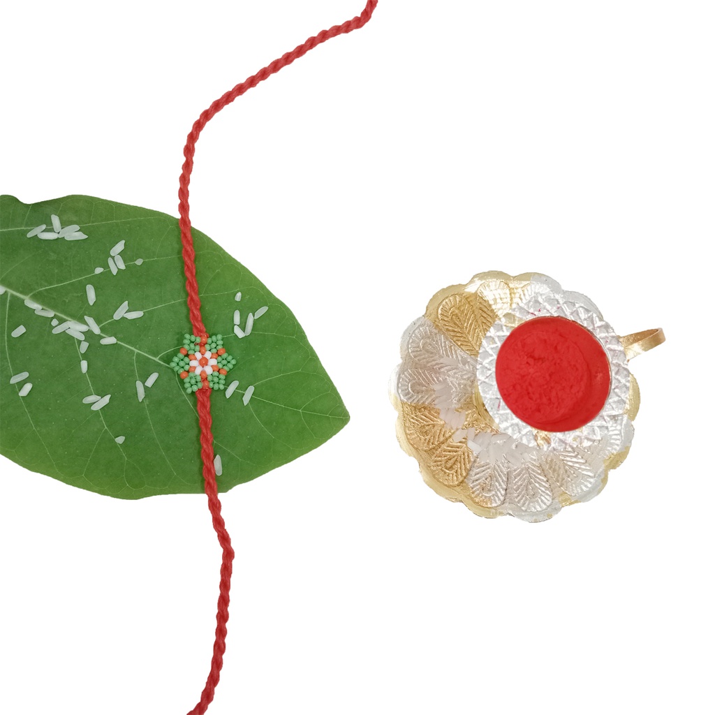 Hand Beaded Flower Design Rakhi - Light Green and Orange