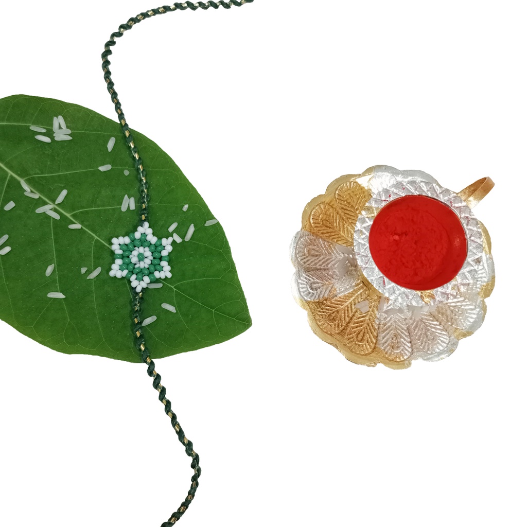 Hand Beaded Flower Design Rakhi - White and Green