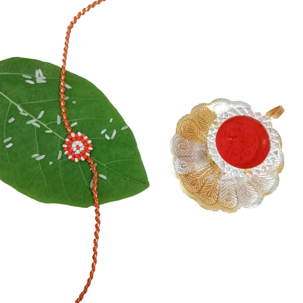 Hand Beaded Round Rakhi - Orange