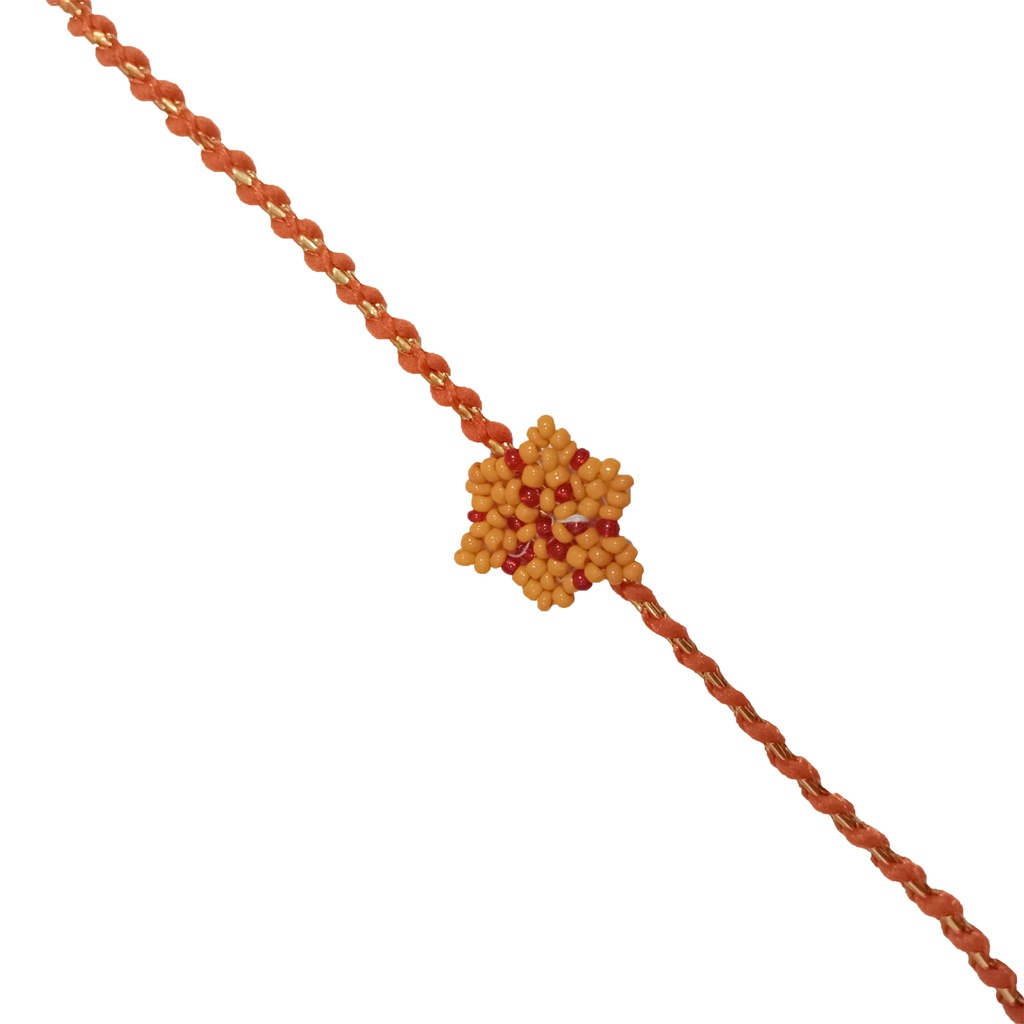 Hand Beaded Flower Design Rakhi - Orange and Red