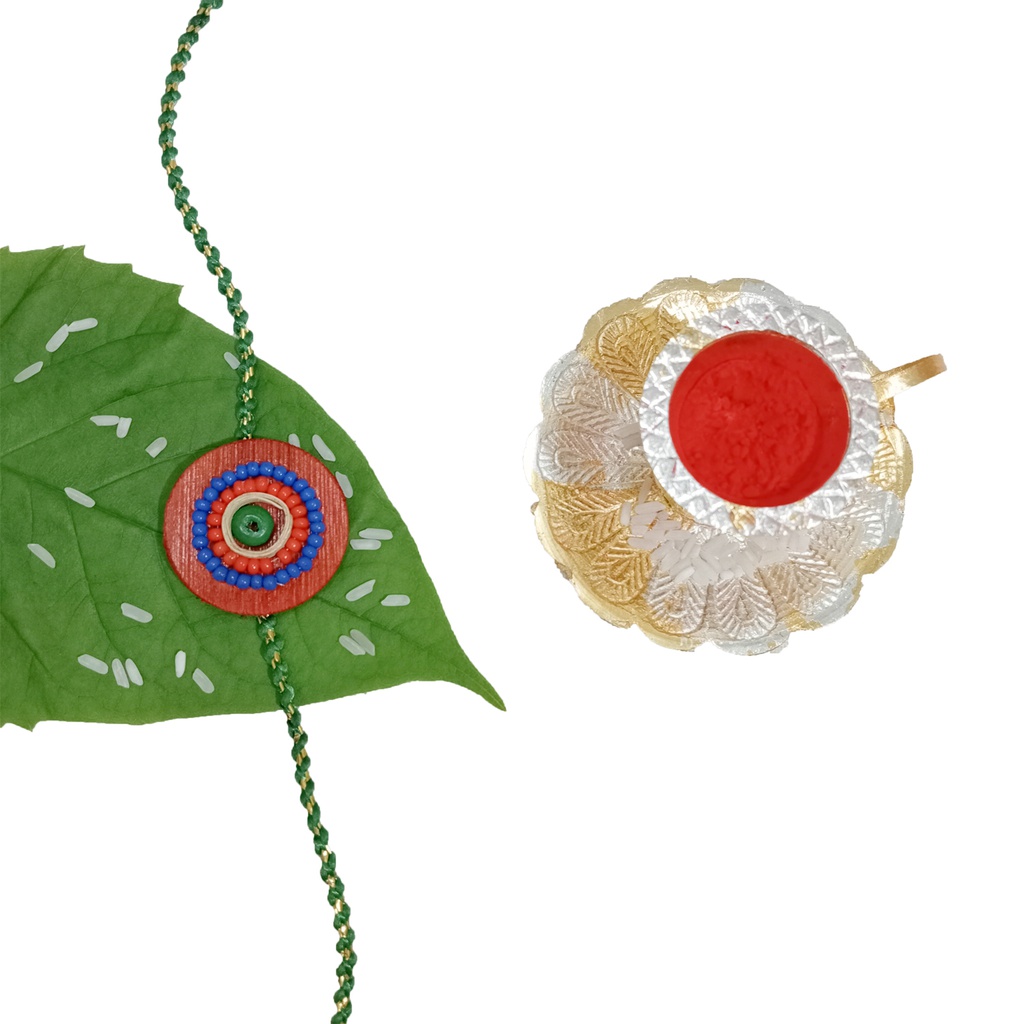 Handmade Blue and Orange Beaded Bamboo Rakhi