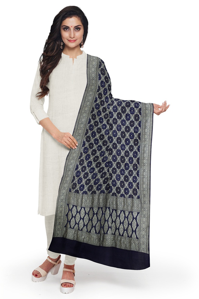 Navy Blue Georgette Handwoven Neemzari Bandhani Dupatta