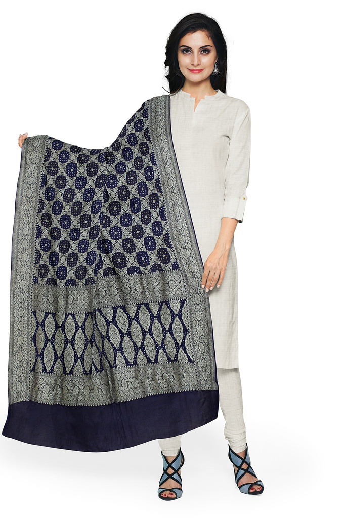Navy Blue Georgette Handwoven Neemzari Bandhani Dupatta