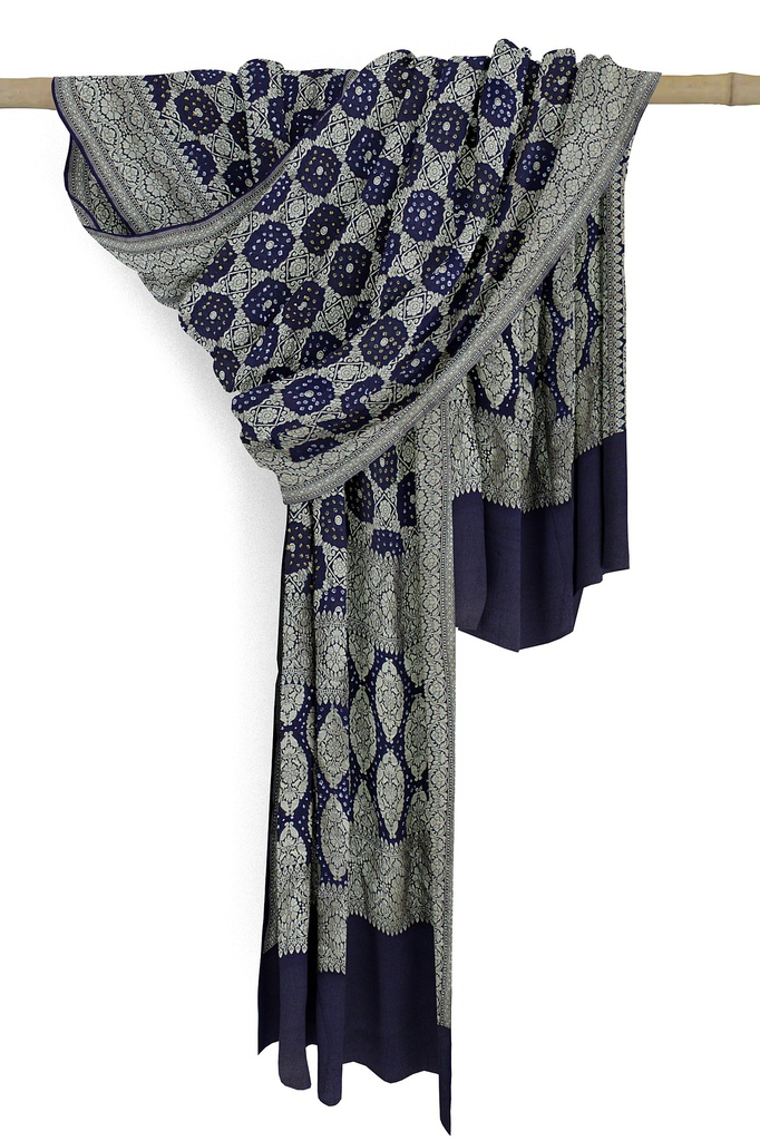 Navy Blue Georgette Handwoven Neemzari Bandhani Dupatta