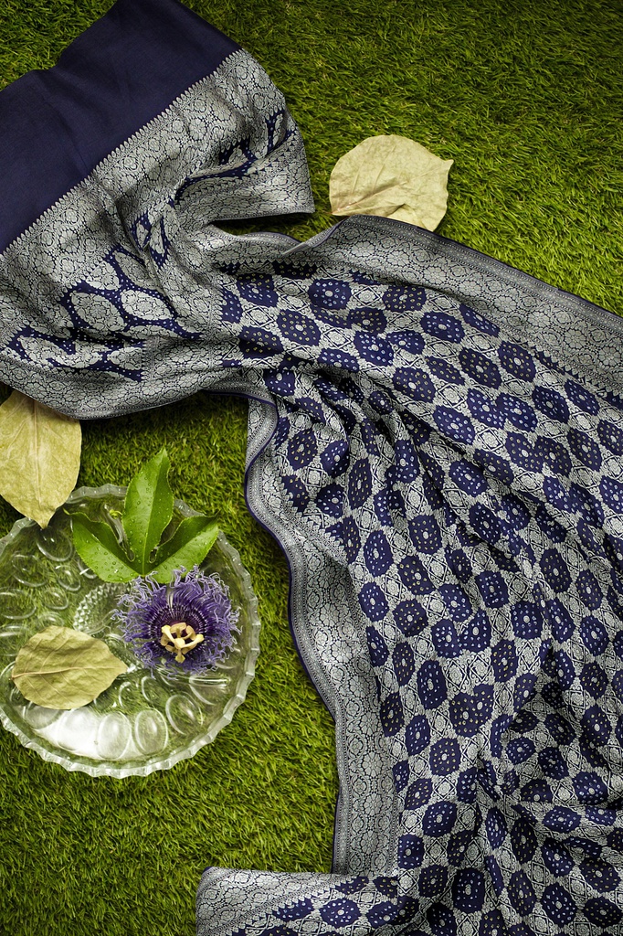 Navy Blue Georgette Handwoven Neemzari Bandhani Dupatta