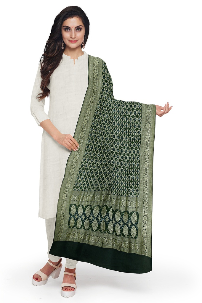 Bottle Green Georgette Handwoven Neemzari Bandhani Dupatta