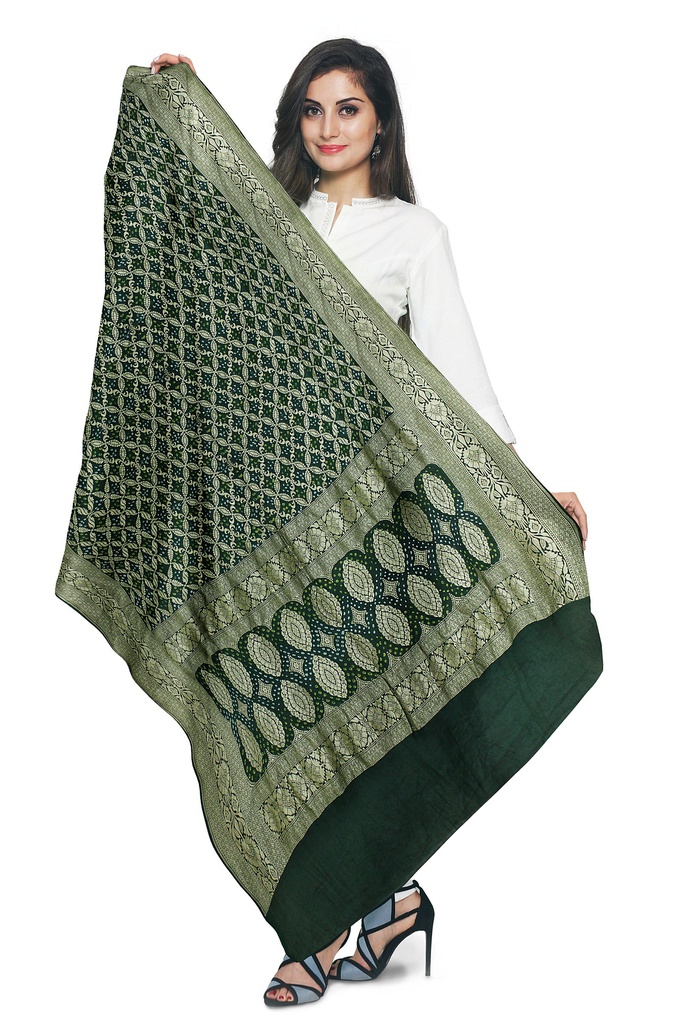Bottle Green Georgette Handwoven Neemzari Bandhani Dupatta