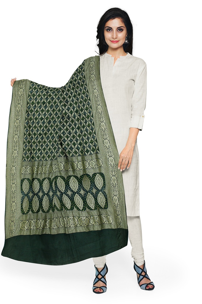 Bottle Green Georgette Handwoven Neemzari Bandhani Dupatta