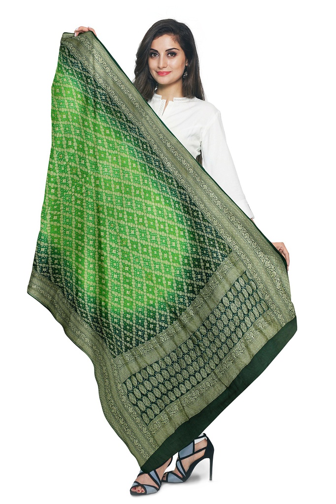 Parrot Green and Green Georgette Handwoven Neemzari Bandhani Dupatta