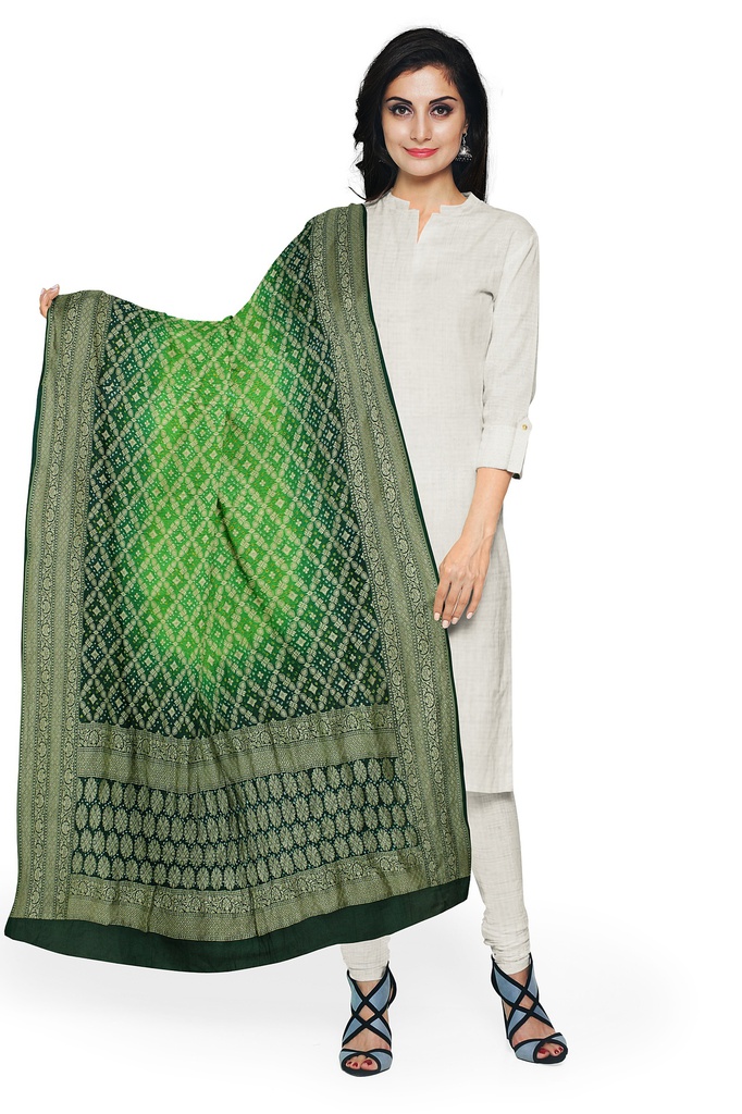Parrot Green and Green Georgette Handwoven Neemzari Bandhani Dupatta