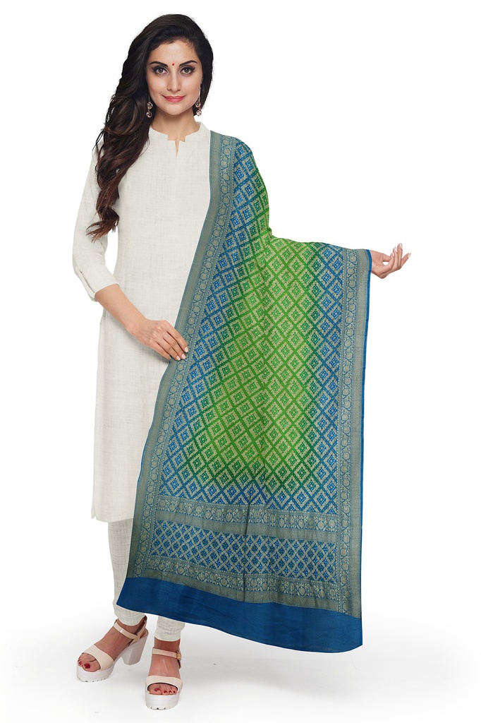 Parrot Green and Sky Blue Georgette Handwoven Neemzari Bandhani Dupatta