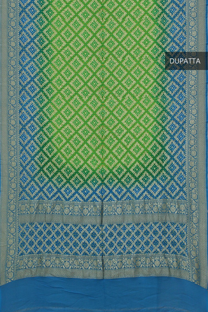 Parrot Green and Sky Blue Georgette Handwoven Neemzari Bandhani Dupatta