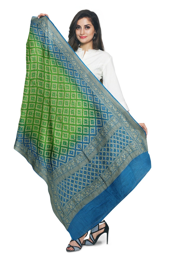 Parrot Green and Sky Blue Georgette Handwoven Neemzari Bandhani Dupatta
