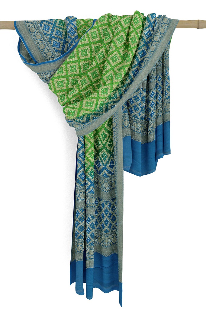 Parrot Green and Sky Blue Georgette Handwoven Neemzari Bandhani Dupatta