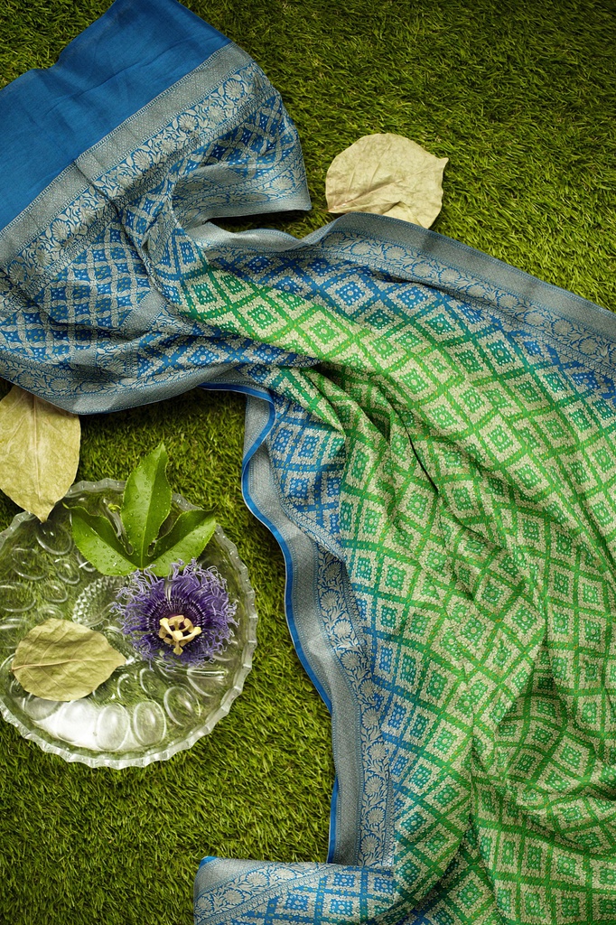 Parrot Green and Sky Blue Georgette Handwoven Neemzari Bandhani Dupatta