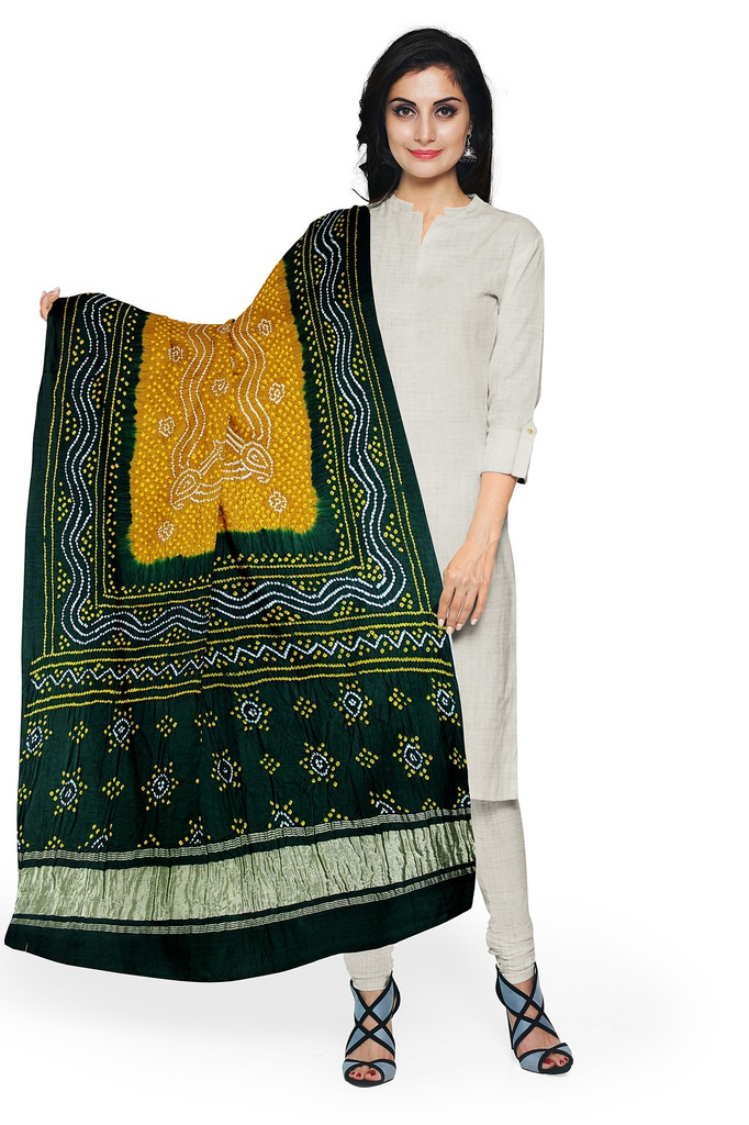 Green and Mustard Handwoven Gaji Silk Bandhani Dupatta