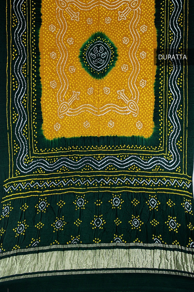 Green and Mustard Handwoven Gaji Silk Bandhani Dupatta