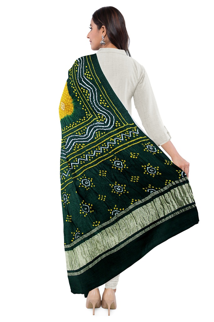 Green and Mustard Handwoven Gaji Silk Bandhani Dupatta