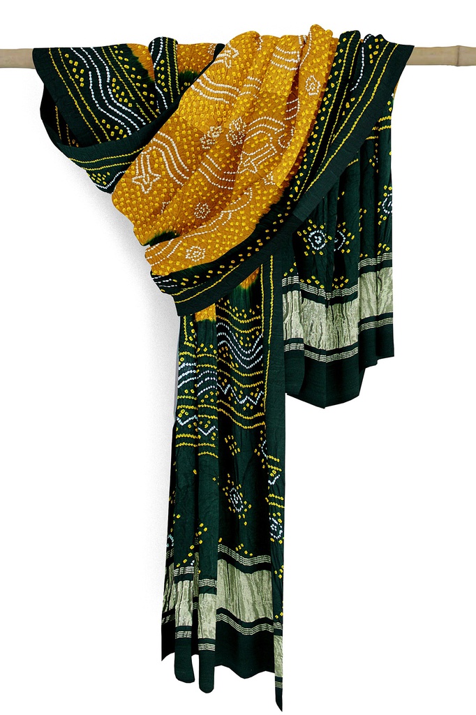 Green and Mustard Handwoven Gaji Silk Bandhani Dupatta