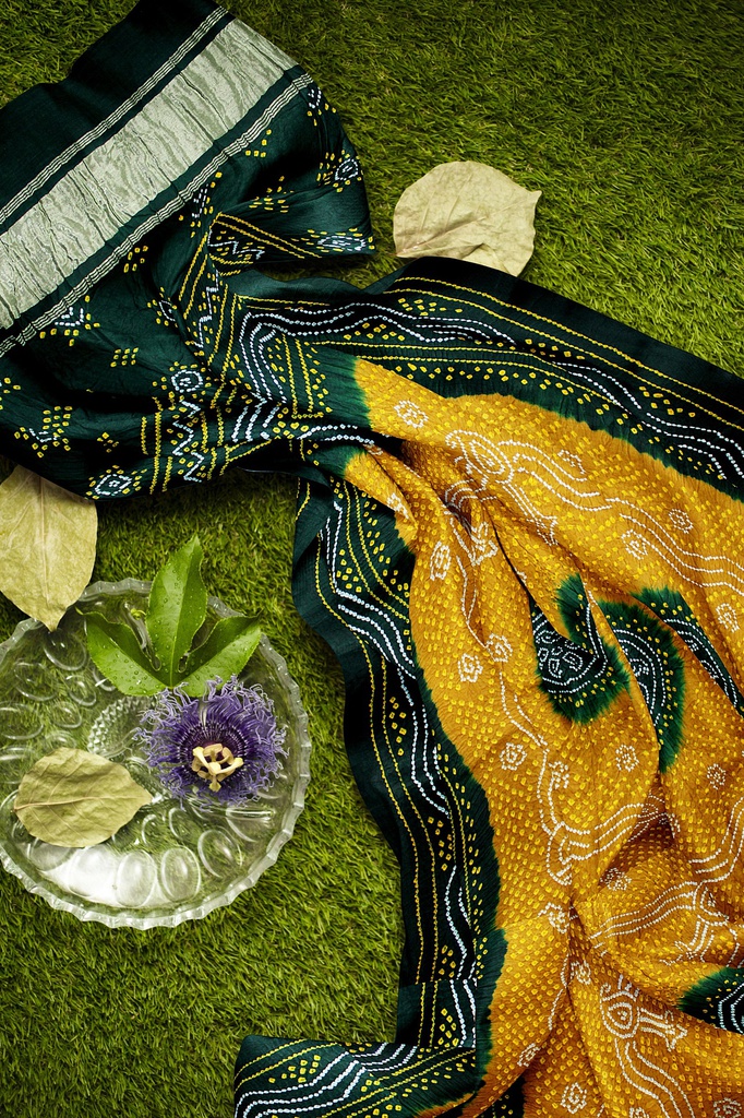 Parrot Green and Sky Blue Georgette Handwoven Neemzari Bandhani Dupatta