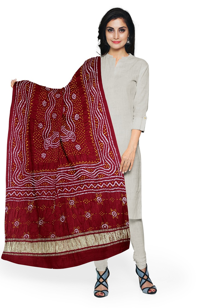 Maroon Handwoven Gaji Silk Bandhani Dupatta