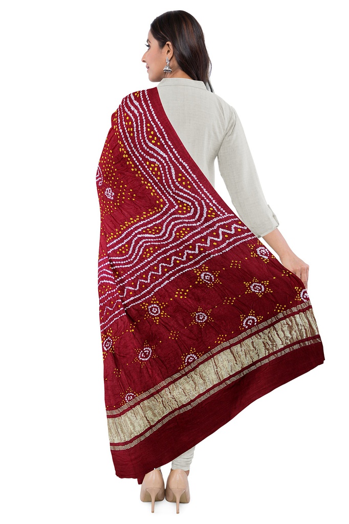 Maroon Handwoven Gaji Silk Bandhani Dupatta