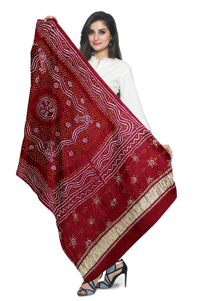 Maroon Handwoven Gaji Silk Bandhani Dupatta