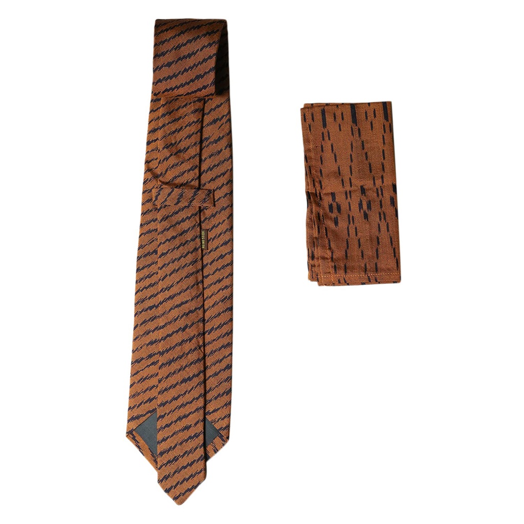 Handwoven Brown Ikat Tie With Pocket Square
