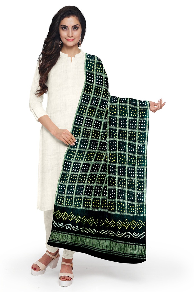 Green Handwoven Gaji Silk Bandhani Dupatta
