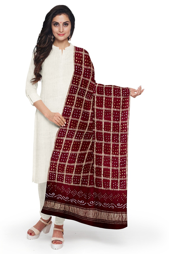 Maroon Handwoven Gaji Silk Bandhani Dupatta