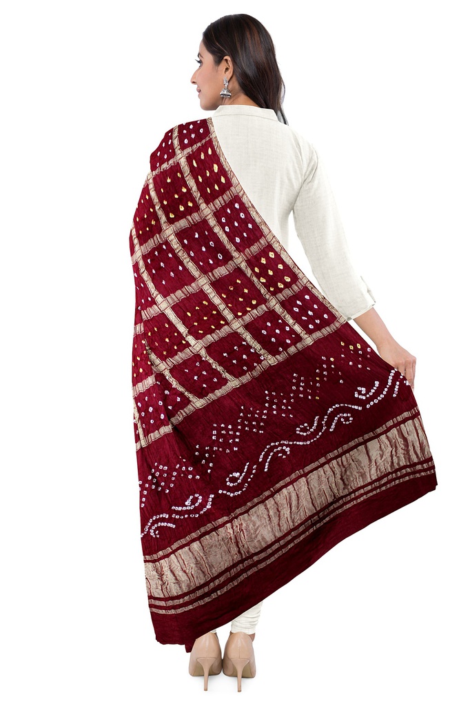 Maroon Handwoven Gaji Silk Bandhani Dupatta