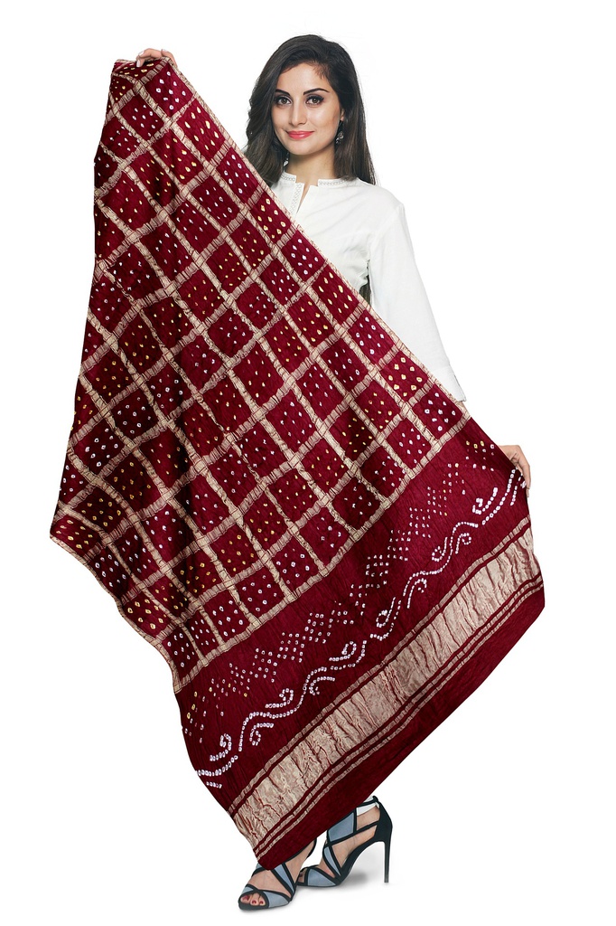Maroon Handwoven Gaji Silk Bandhani Dupatta