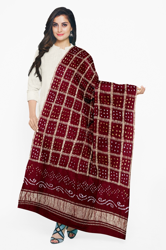 Maroon Handwoven Gaji Silk Bandhani Dupatta